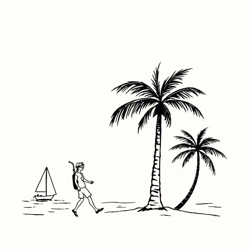 Ink illustration of a snorkeler walking past palm trees on an Aruba beach with a sailboat