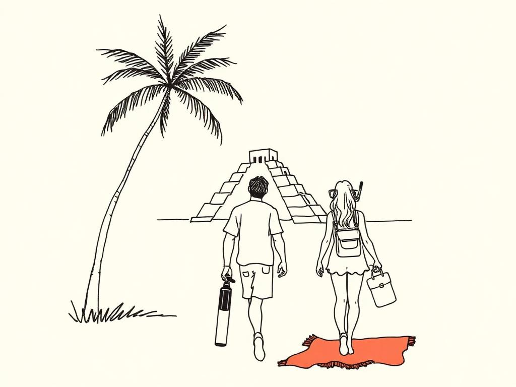Ink illustration of a couple walking toward a beach with a Mayan pyramid behind them