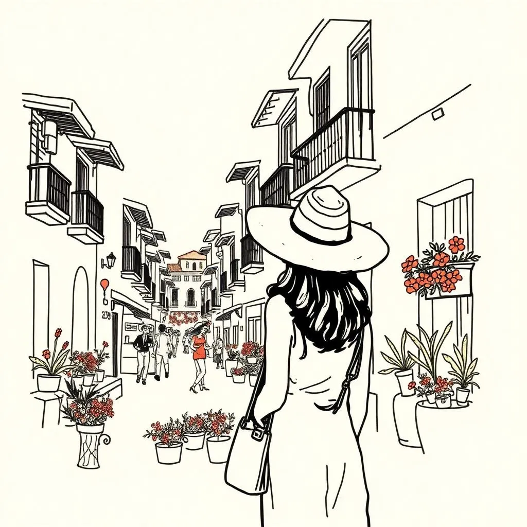 Ink illustration of a woman in a straw hat walking a Cartagena street lined with flowered balconies