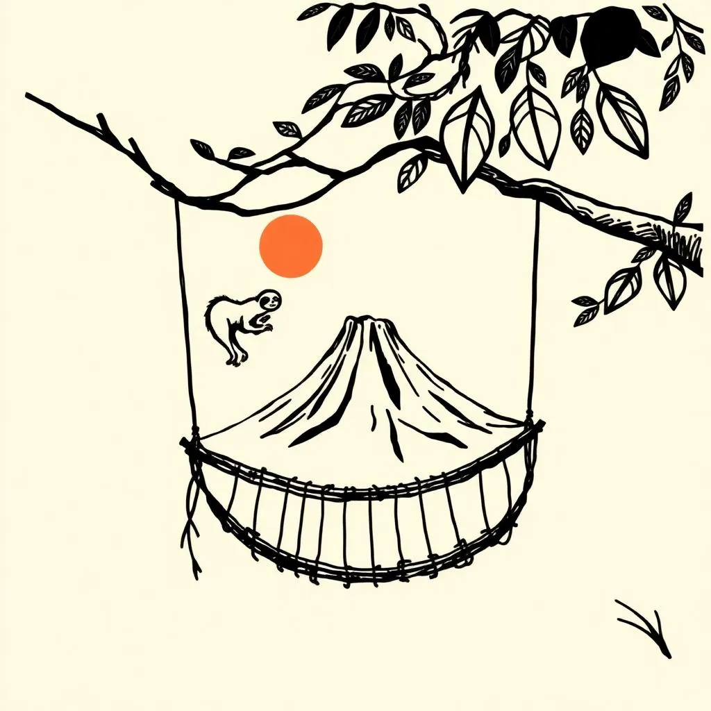 Ink illustration of a jungle hanging bridge with a sloth and a volcano behind