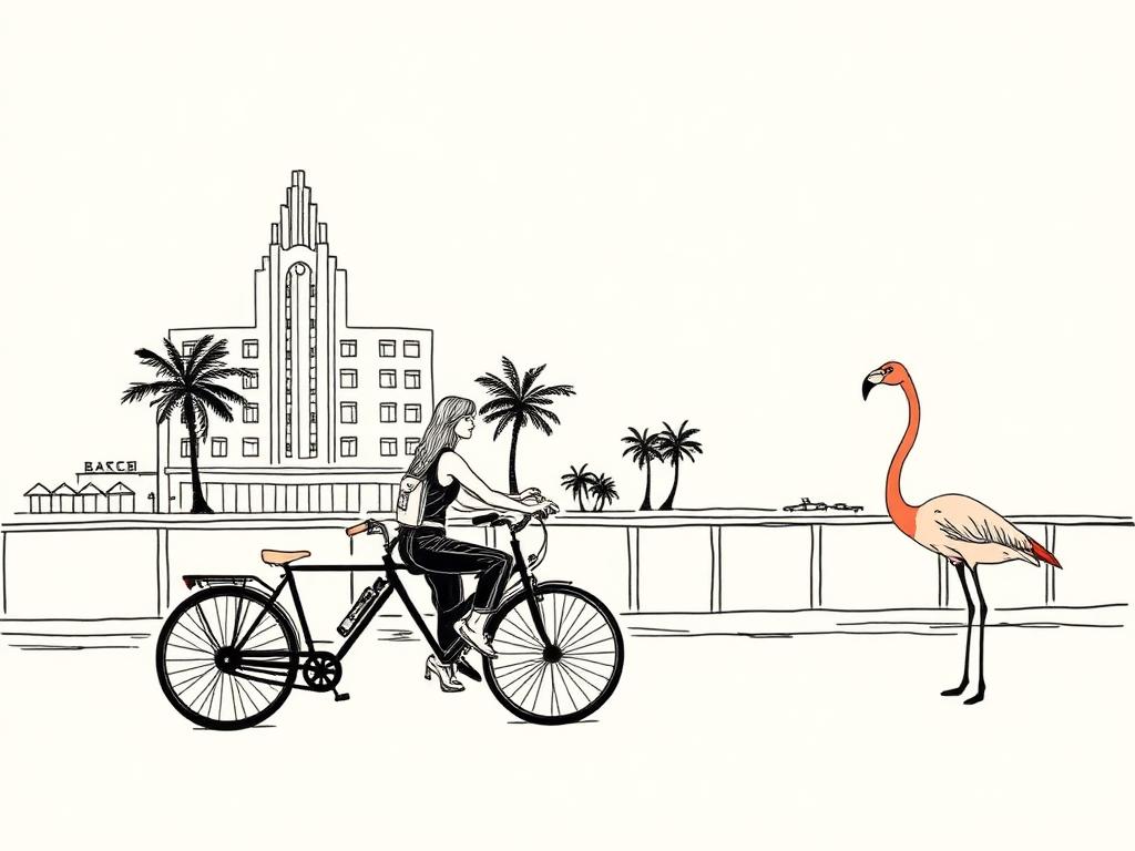 Ink illustration of a cyclist on a Miami boardwalk with art deco buildings and a flamingo