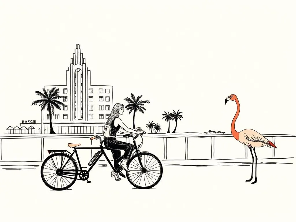 Ink illustration of a cyclist on a Miami boardwalk with art deco buildings and a flamingo