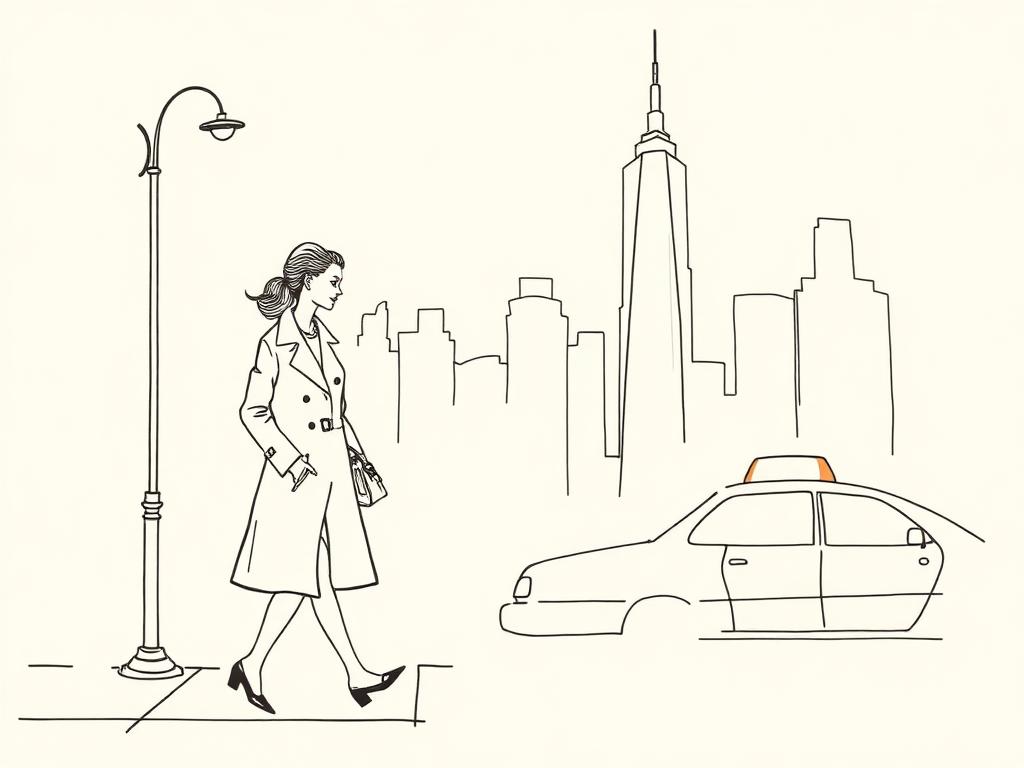Ink illustration of a woman in a trench coat walking a New York street