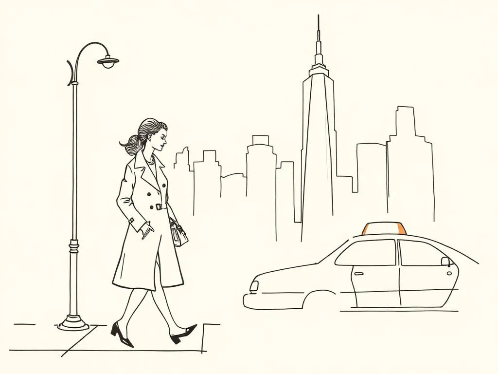 Ink illustration of a woman in a trench coat walking a New York street