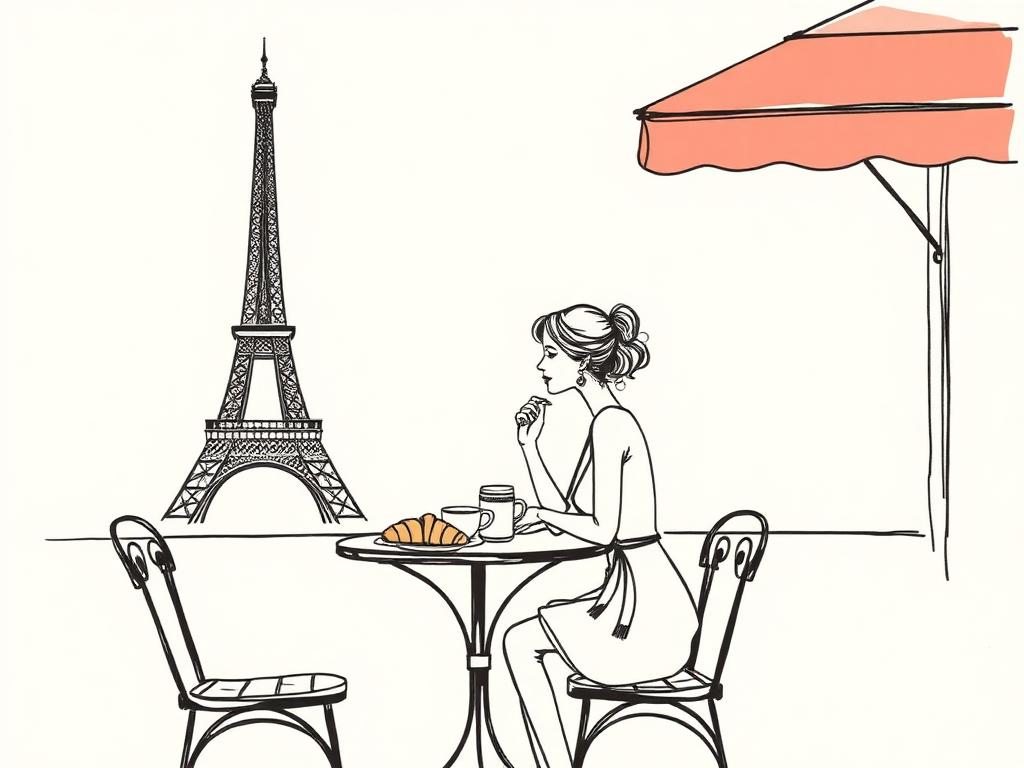 Ink illustration of a woman at a Paris cafe table with the Eiffel Tower behind