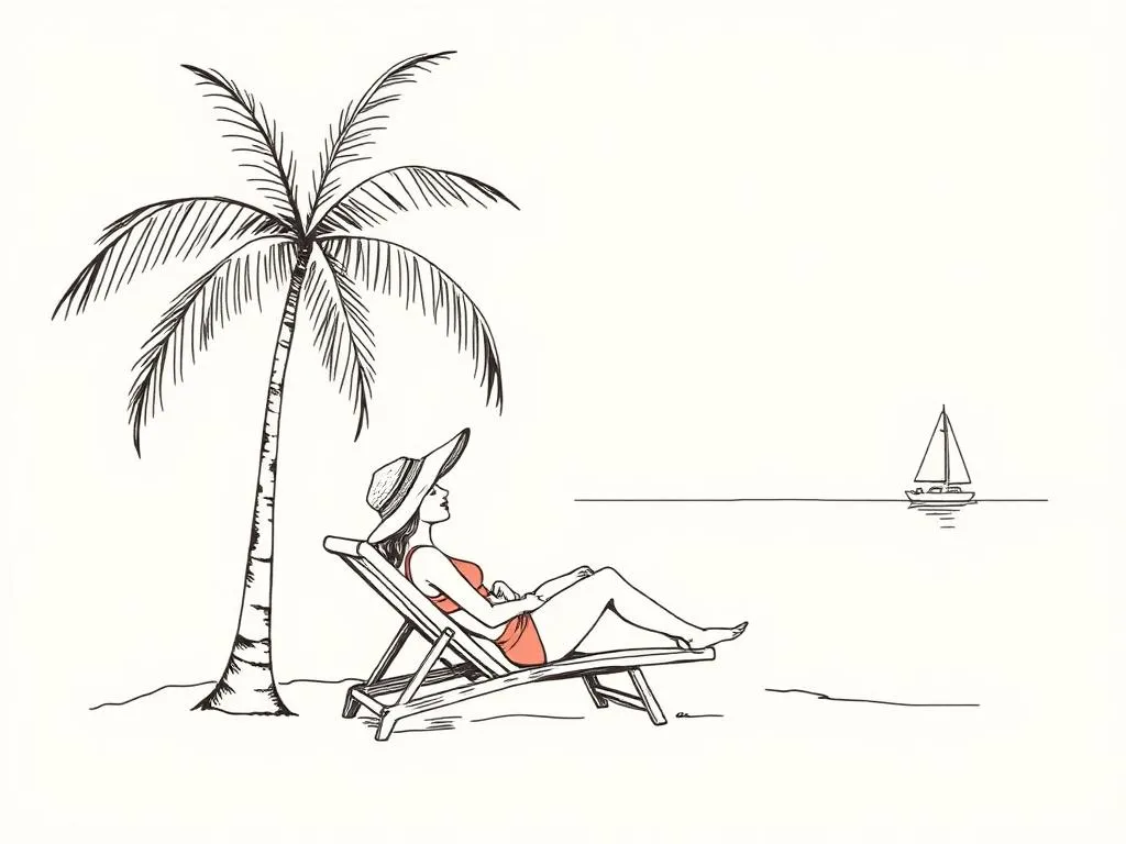 Ink illustration of a woman relaxing in a beach chair under a palm tree