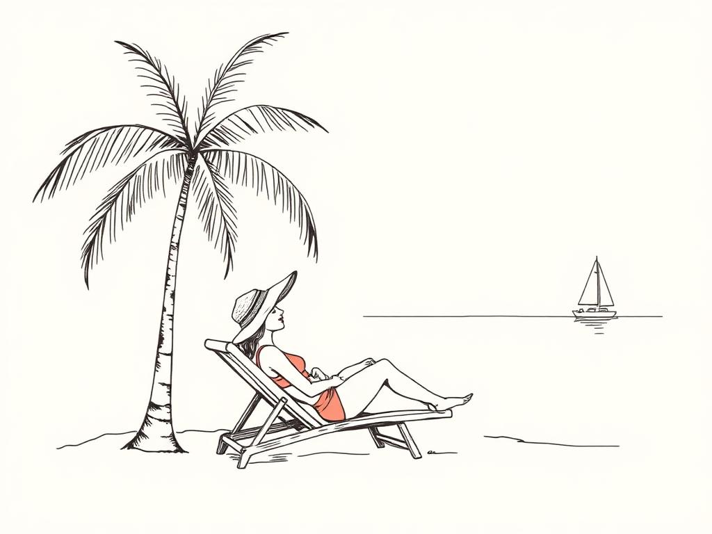 Ink illustration of a woman relaxing in a beach chair under a palm tree
