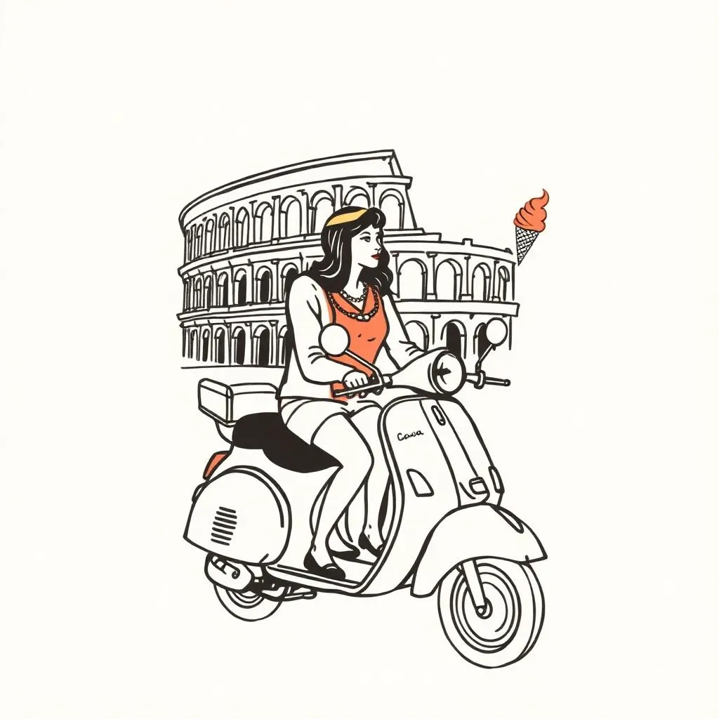 Ink illustration of a woman riding a vespa past the Colosseum with a gelato cone