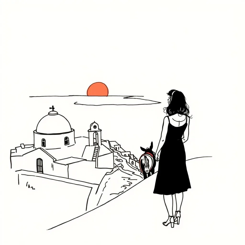 Ink illustration of a woman on a Santorini terrace above white domed churches at sunset