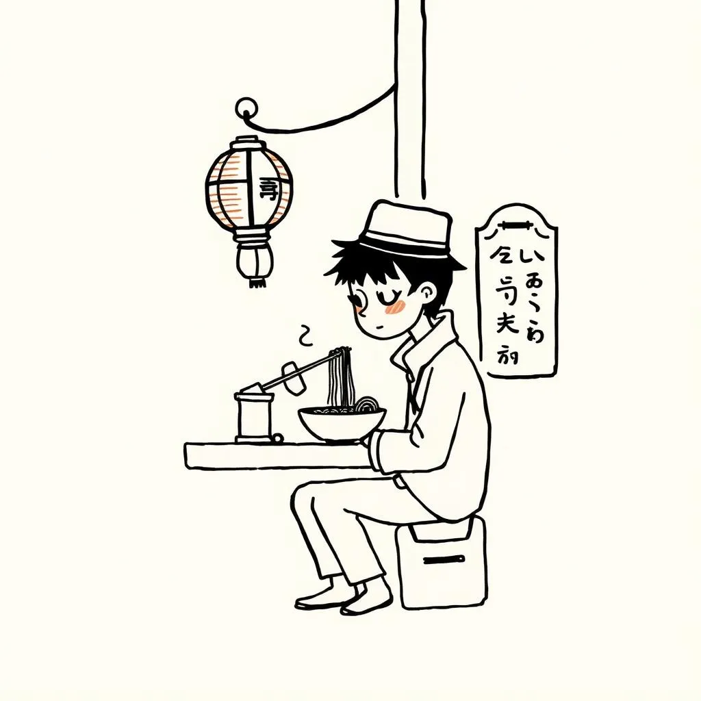 Ink illustration of a traveler eating ramen at a small Tokyo counter under a lantern