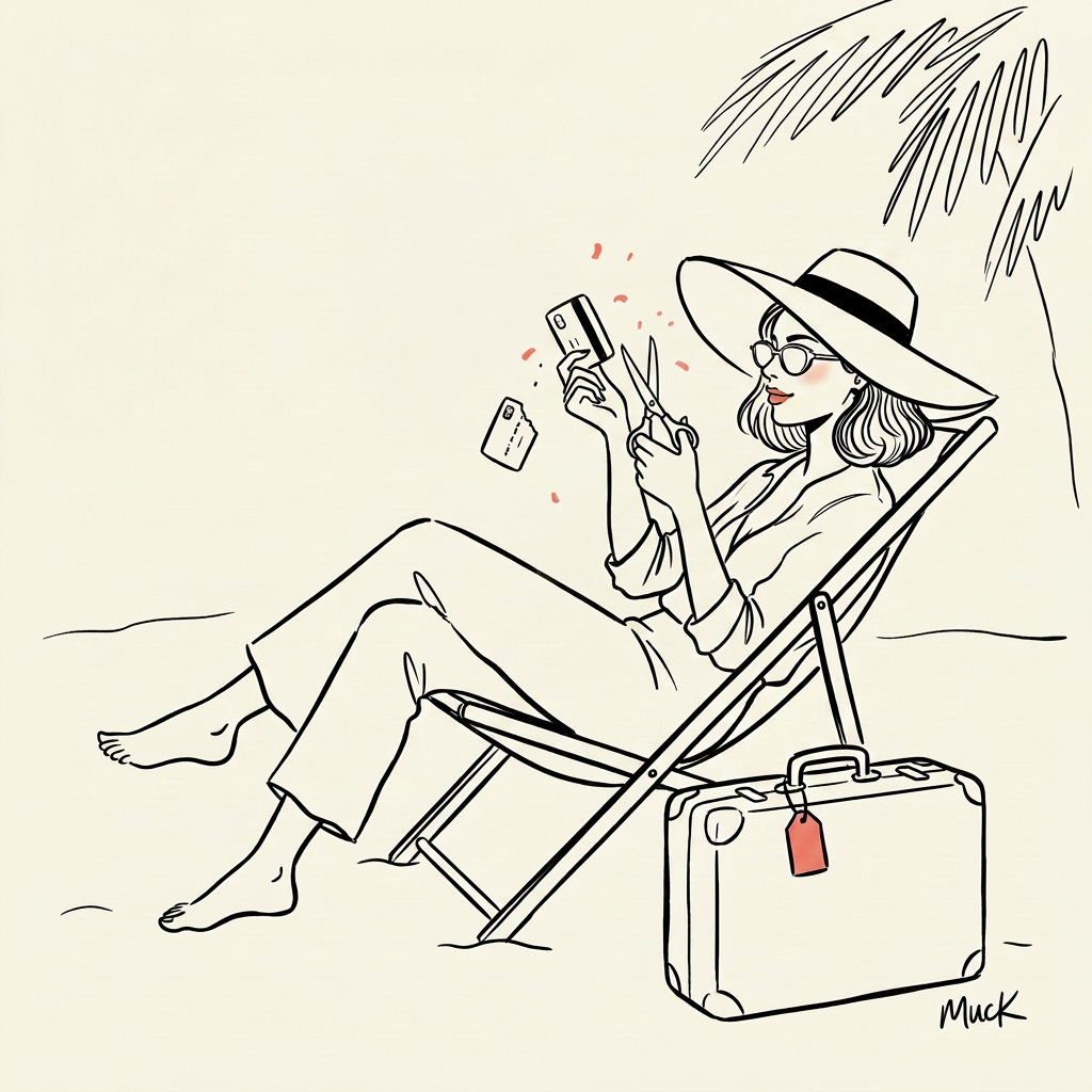 Ink illustration of a traveler in a beach chair cutting up a credit card