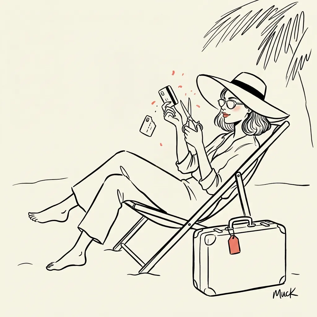 Ink illustration of a traveler in a beach chair cutting up a credit card