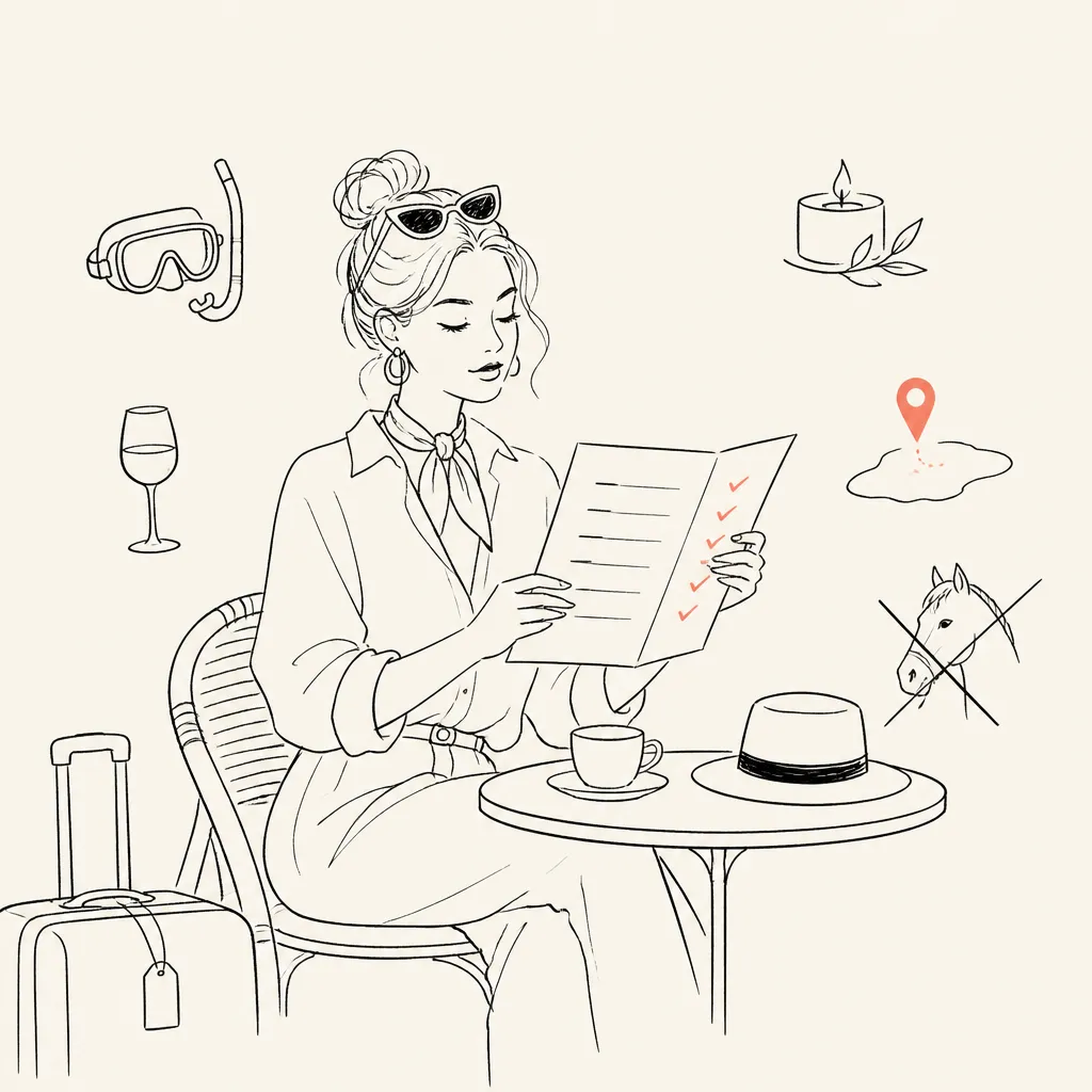 Ink illustration of a traveler reading a personalized trip checklist at a cafe table