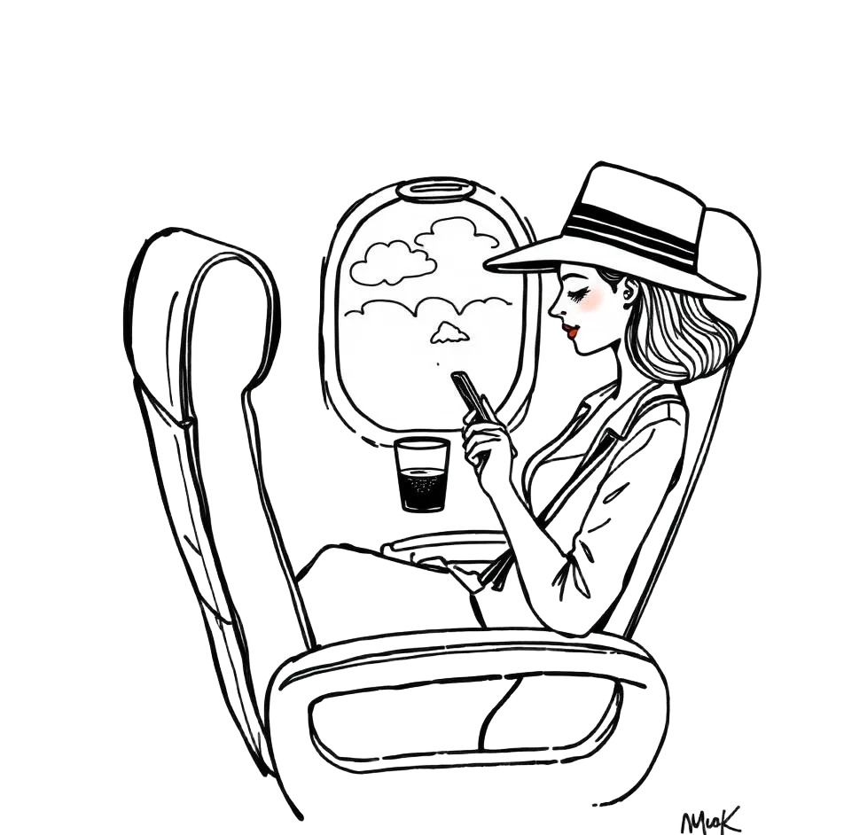 Illustration of a traveler relaxing in an airplane seat checking her phone