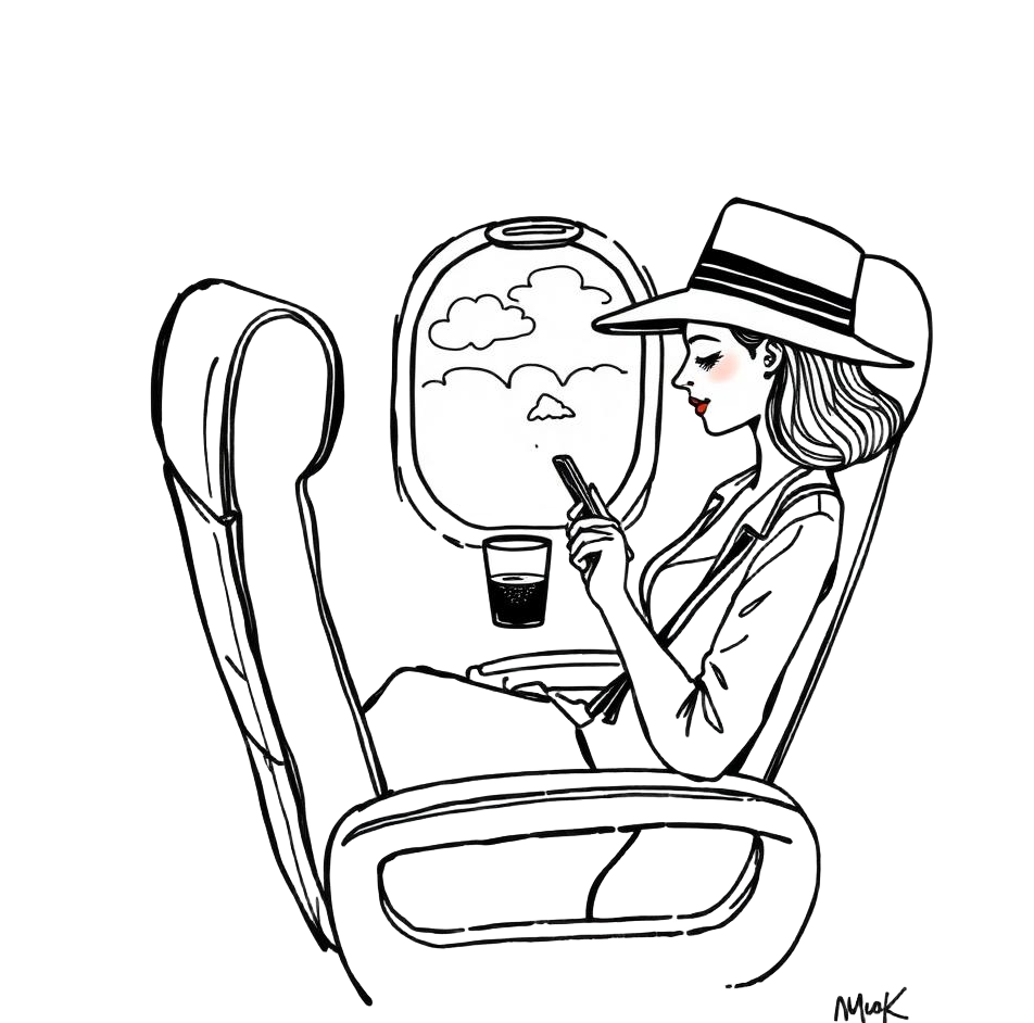 Illustration of a traveler relaxing in an airplane seat checking her phone